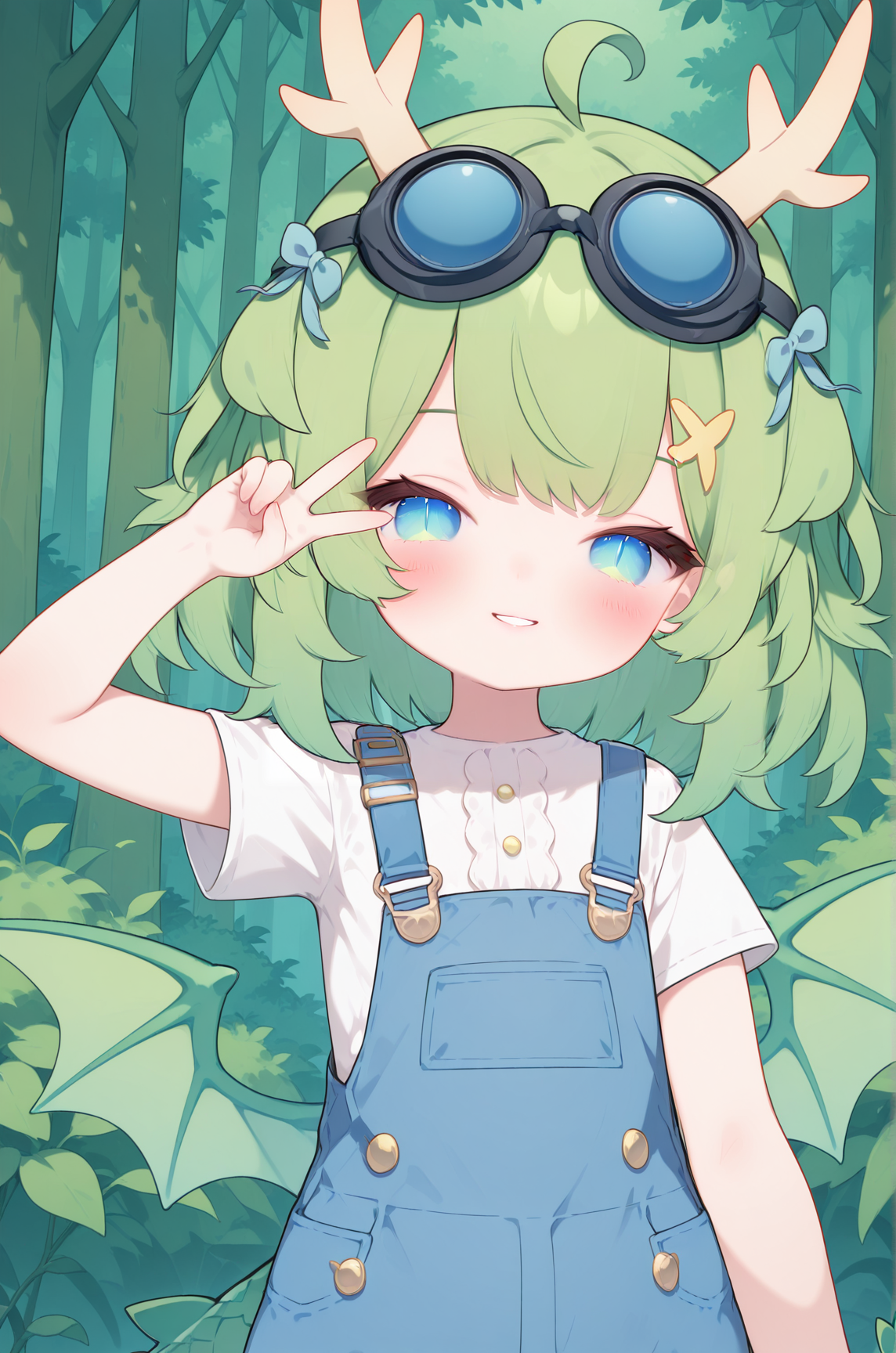 masterpiece,best quality,amazing quality, DragonGirlMPVTILXL, 1girl, blue eyes, slit pupils, green hair, short hair, bangs, ahoge, horns, hair ornament, blue bow, black goggles, goggles on head, green wings, dragon tail, flat chest, white shirt, short sleeves, blue overall short, solo, front view, (portrait, upper body), peace sign, v, solo focus, seductive smile, looking at viewer, forest, tree    <lora:DragonGirlMPVTILXL:1>
