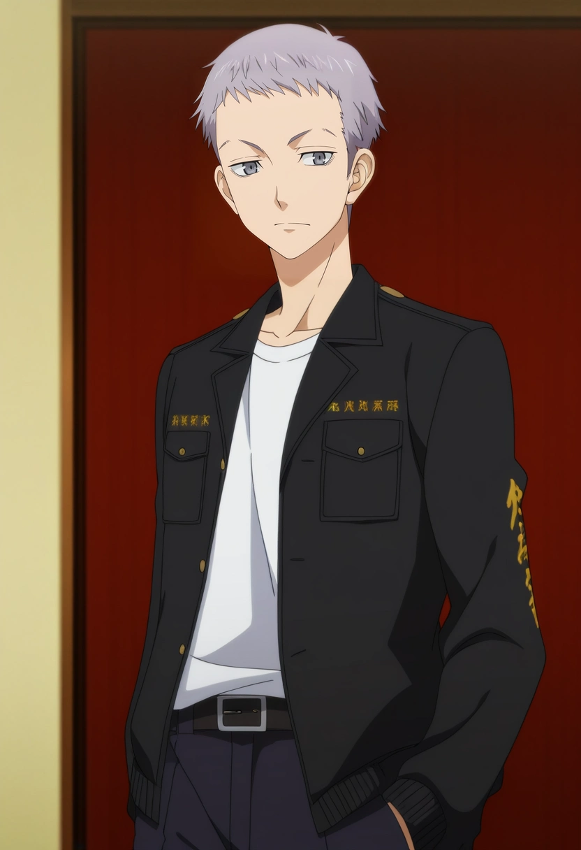 masterpiece, best quality, anime screencap, official style, anime coloring, cowboy shot, 1boy, solo, male focus, <lora:takashi_mitsuya_ilxl:0.92>, takashi_mitsuya, grey hair, grey eyes, short hair, , white shirt, black jacket,