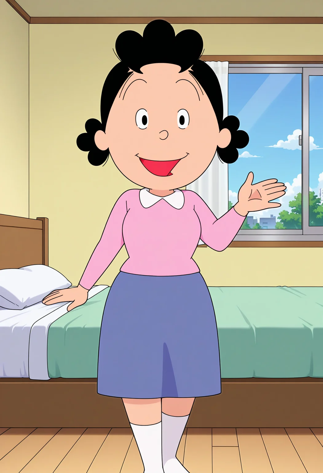 sazaesan, 1girl, solo, black hair, black eyes, smile, open mouth, style parody, socks, black eyes, looking at viewer, mature female, shirt, skirt,
BREAK indoors, bedroom, bed, window, <lora:sazaesan_IL1.2:0.7>