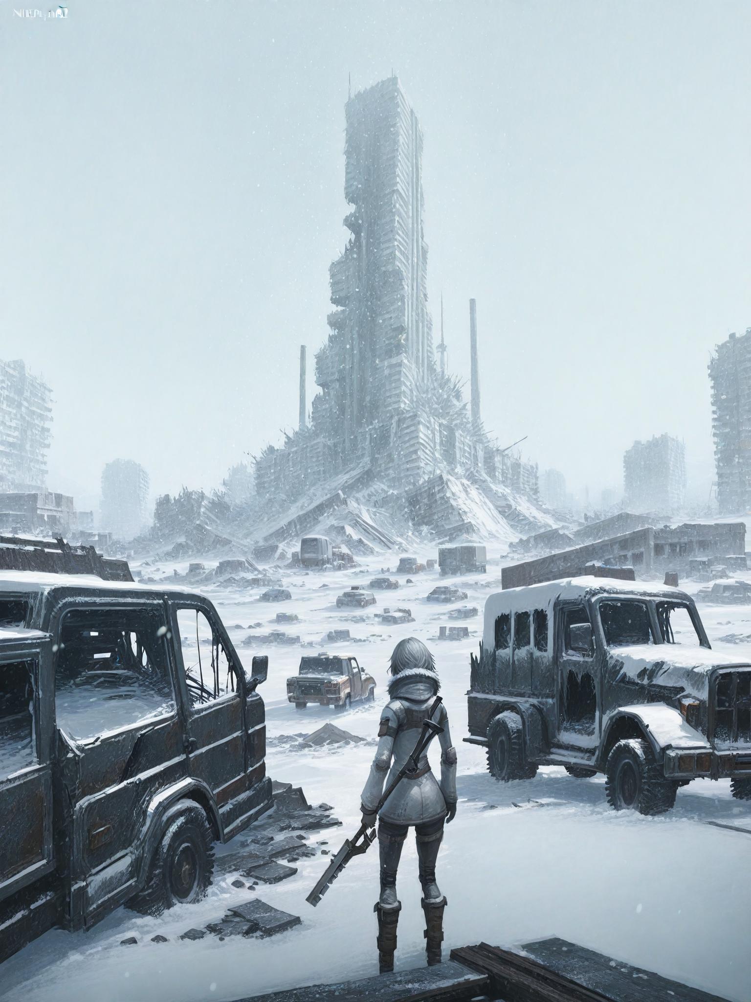   Remove Use these settingsNieRart, snow, scenery, outdoors, ruins, 1girl, car, building, from behind, snowing, weapon, solo, truck, standing, holding, snowy ruined city, post-apocalyptic, towering damaged buildings, heavy snowfall, desolate atmosphere, lone figure, debris, cold, bleak, highly detailed, game environment