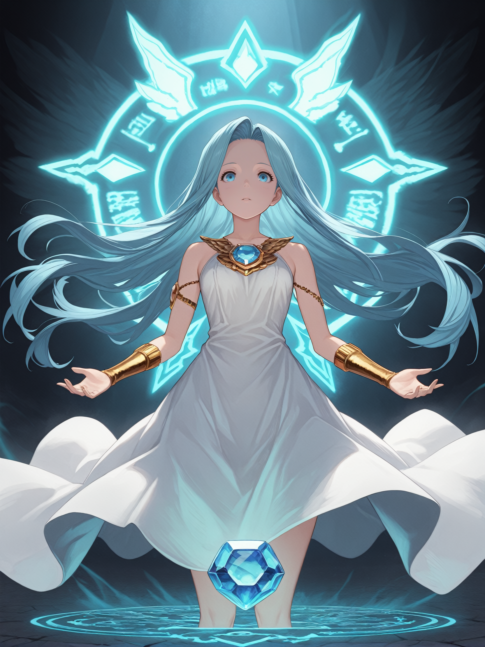 masterpiece, best quality, amazing quality, very aesthetic, absurdres, newest,
<lora:ILGFLyria:1.0>
GFLyria, 1girl, blue hair, blue eyes, long hair, jewel, Standing at the center of a summoning circle in the foggy world, her Persona manifesting behind her in a radiant glow.