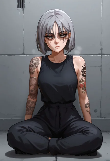 embedding:urn:air:sd1:embedding:civitai:222256@250708, score_9, score_8_up, score_7_up, score_6_up, 1 girl, very light blue hair, almost gray hair, gray eyes, short hair, full body tattoos, t4ts, tattoos, tattoo, gangster tattoos, fit body, slim, medium breasts, sleeveless flannel, white flannel, black sports pants, on the jail, in a prison, sitting, rude face, rude, sitting thoughtful, goth girl, raven from dc, half closed eyes, black bags under her eyes, sexy pose, sweating, sweat body, expresiveH