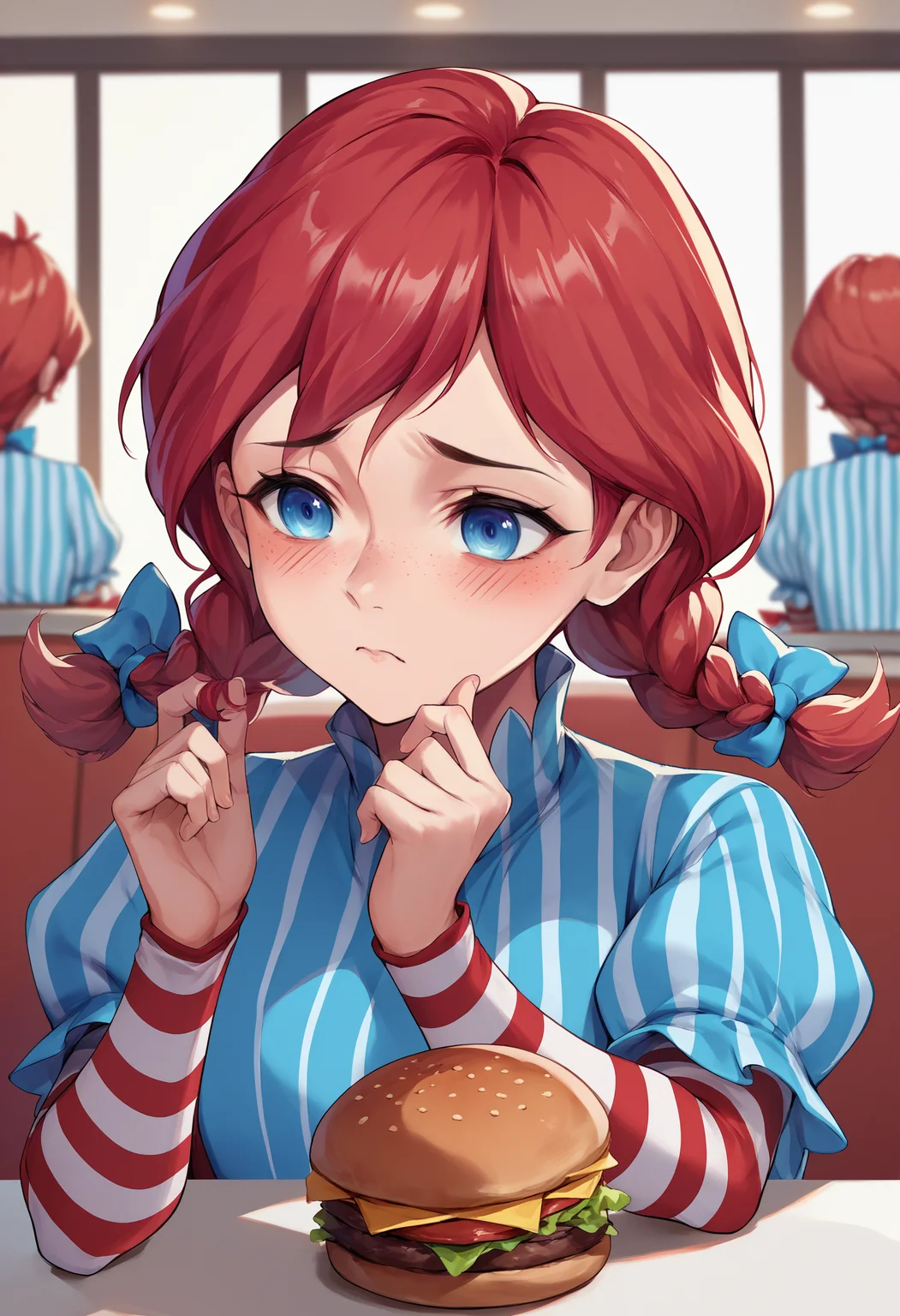 score_9, score_8_up, score_7_up, source_anime, 1girl, twirling hair, <lora:TwirlingHair_XLPD:1.2>, blush, shy, wendy \(wendy's\), wendy's, twin braids, hair bow, red hair, indoors, restaurant, burger, upper body, hand up,