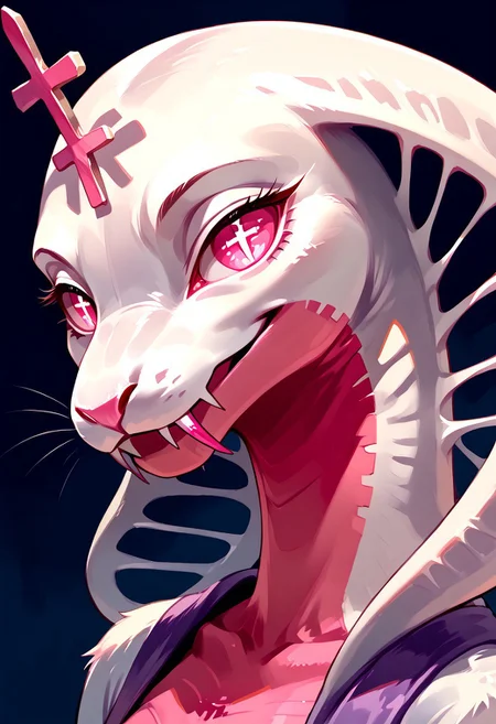score_9, score_8_up, score_7_up, easynegative, realistic style, symphtia-style, detailed face, solo, anthro, furry, Expressiveh, masterpiece, raw quality, best quality, extremely detailed, stunning beautiful, high definition, HD, cute, Median(FV), anthro, furry, Snake girl, anthro, female reptile, white and pink body, holes in snake hood, long tail, pink eyes, cross shaped pupils, head ornament (cross), fangs, looking at viewer, light smile, 3/4 view, side view, close-up, face focus, BREAK masterpiece, best quality, very aesthetic, perfect eyes, textured fur, open smile,
