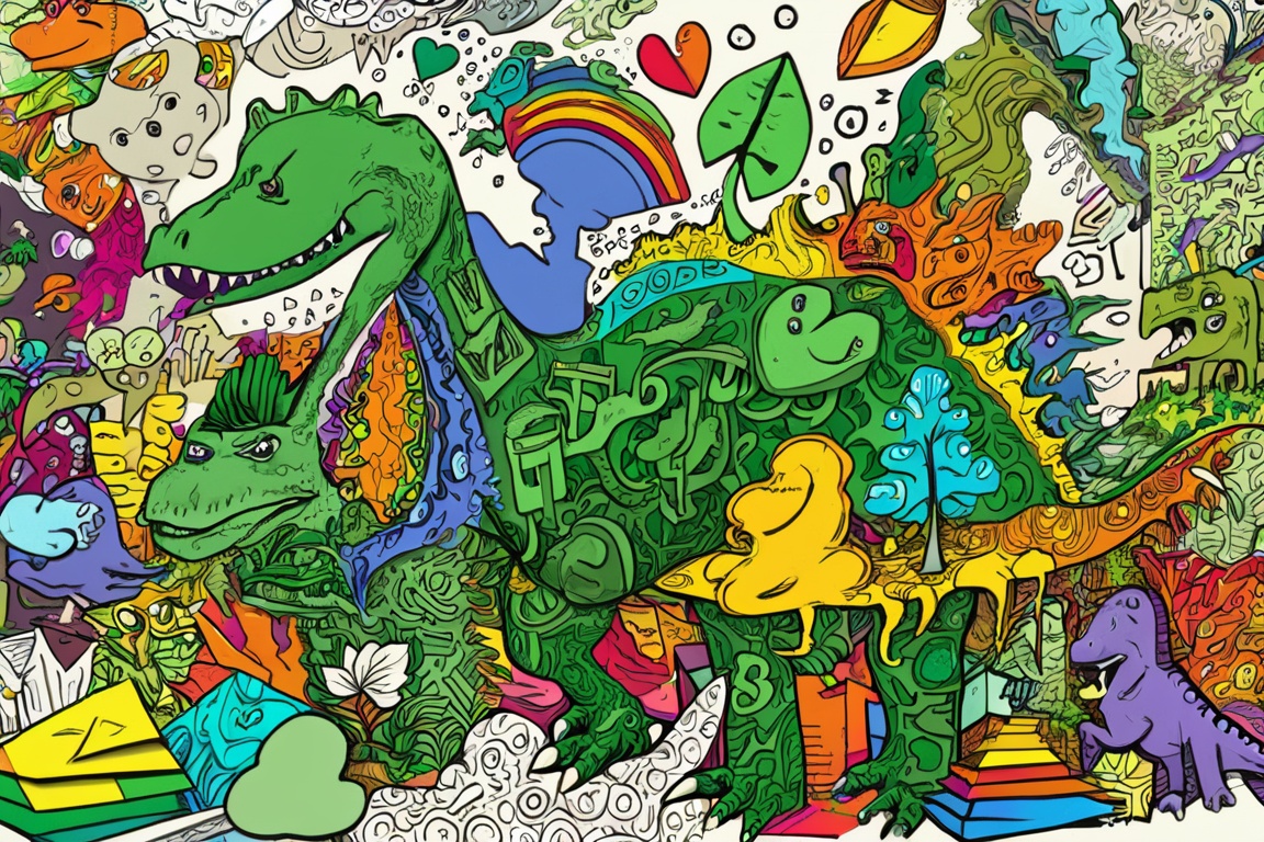 close up of a dinosaur sitting in an office, made of many shapes, <lora:Doodle_XL_V1:1> colorful doodle art style