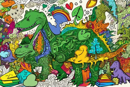 close up of a dinosaur sitting in an office, made of many shapes, <lora:Doodle_XL_V1:1> colorful doodle art style