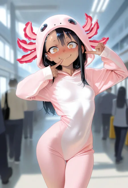 masterpiece, best quality, very aesthetic, absurdres, Detailed face, 8k, Ultra_HD, (detailed background:1.1), 1=2, face closeup,
solo, 1girl, Hayase Nagatoro, petite, beautiful, perfect eyes, (golden eyes:1.1), dark skin, black hair, long hair, tanned skin, tanline, hourglass figure, animal costume, axolotl onesie, skindentation, skinny body, small breasts, short girl, curious, surprised, wide eyes, embrassed smile, full-face blush, in front of viewer, pov, posing, original pose, complex pose, wide hips, narrow waist, looking at viewer, finger on lips, puffy lips,
detailed background, blurry background, comiket, crowded place,