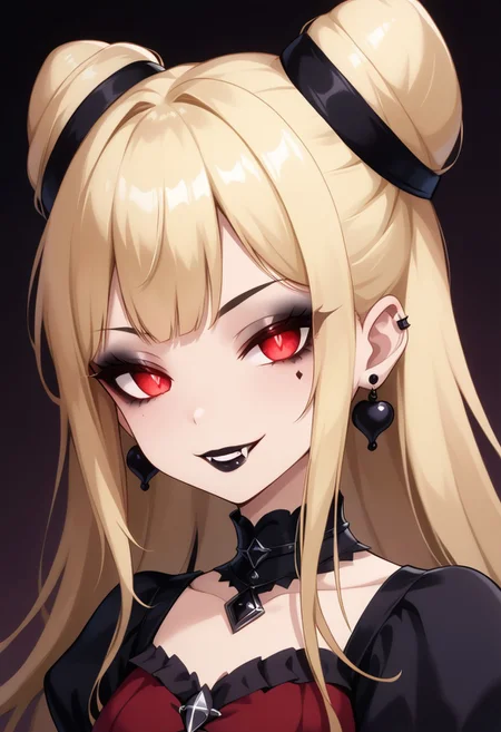 score_9, score_8_up, score_7_up, score_6_up, (haaru),concept art, digital artwork, highly detailed, sharp focus, portrait, okyannp5x, dark skin, blonde hair, double bun, very long hair, <lora:princess_xl_v2:0.3>, <lora:VampirePonyLora:0.9> vampire, red eyes, glowing eyes, fangs, <lora:Gothic:1>, GothicC, makeup, black lipstick, mascara, black nails, gothic dress, black dress, red dress, covered shoulders, fishnet, half closed eyes, smug, evil smile, dark background