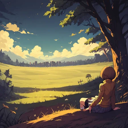 score_9, score_8_up, score_7_up,soft shadows, dark, night, rear view, BREAK
chiedef, brown hair, short hair, brown eyes, track jacket, badges, skirt, houndstooth, bike shorts, white socks, sitting, grassy hill, leaves, trees, milky way,