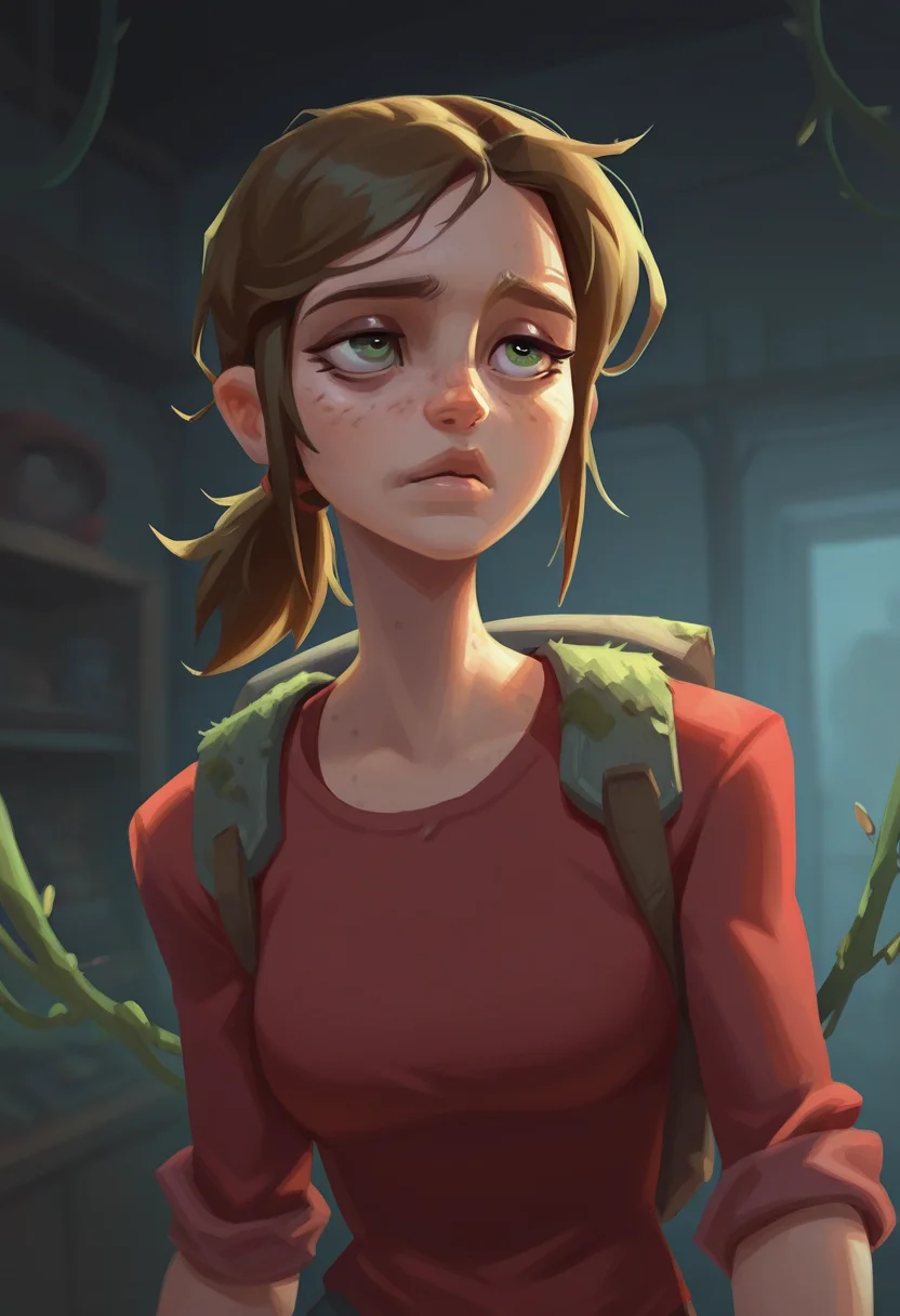 Z40Zstyle, painterly, masterpiece, best quality, solo, detailed face, detailed eyes, ellie\(the last of us\), green eyes, ponytail, freckles, store, moss, vines, backpack,, red shirt, aisles, dark,