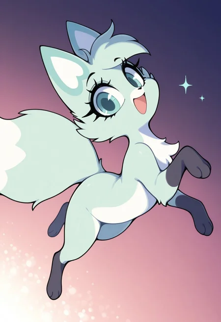 (absurdres, masterpiece, best quality), 
1girl, solo, dynamic angle, sparkly background,
Slushi, mint fur, feral, fox, furry, eyelashes, looking at viewer, paws, smile, open mouth,