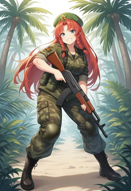 masterpiece, best quality, aesthetic, colorful, \(doki doki literature club\),\(Touhou Project\) BREAK, (Hong Meiling), alternate outfit, 1girl, solo, red hair, beret, muscle, camouflage, pants, camouflage pants, jungle, palm trees, dirty, boots, military uniform, smile, grin, fang, shirt, rolled sleeves, holding gun, holding rifle, AK-74, ak-47, kalashnikov rifle