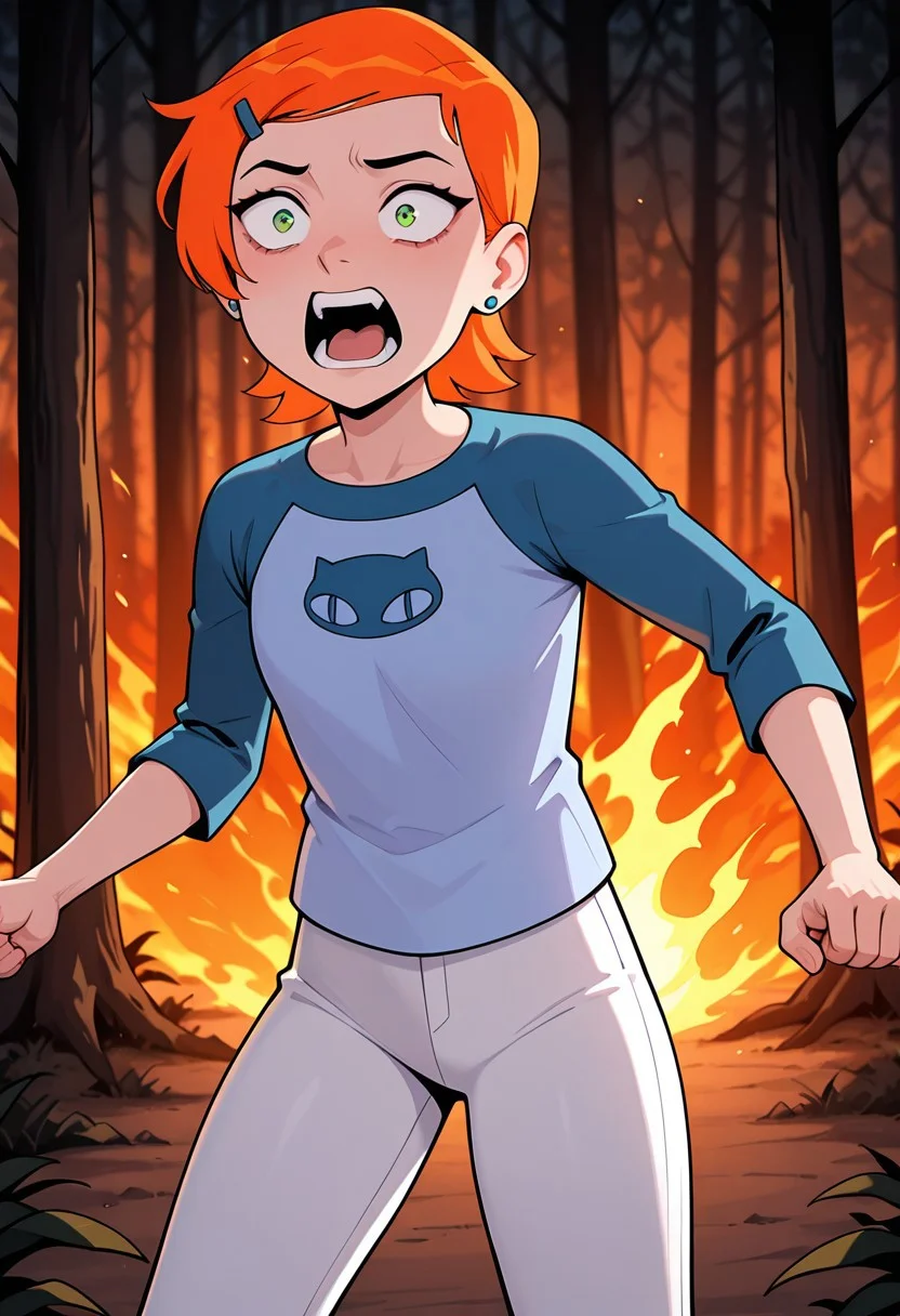 ((screencap, cartoon)) , masterpiece, best quality, amazing quality, very aesthetic, absurdres, newest,
gwenos, short hair, hairclip, orange hair, 1girl, , earrings, ((solo)),, eye liner, green eyes
raglan sleeves, blue shirt,, cat print, white pants
in forest, burning forest, fire everywhere, screaming, scared, constricted pupils, large scream,