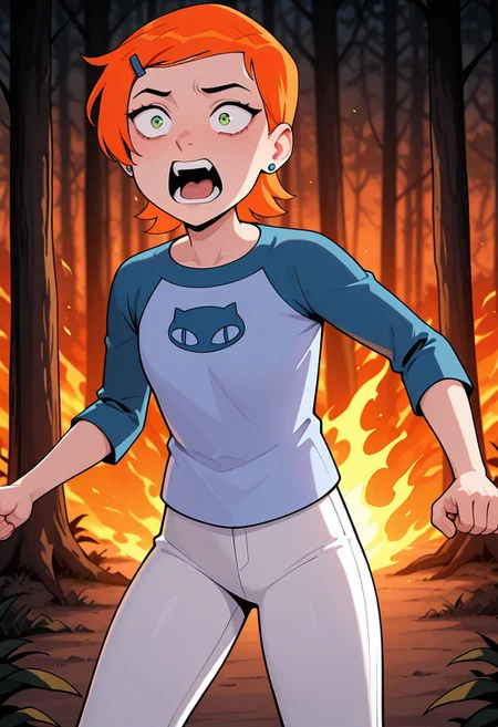 ((screencap, cartoon)) , masterpiece, best quality, amazing quality, very aesthetic, absurdres, newest,
gwenos, short hair, hairclip, orange hair, 1girl, , earrings, ((solo)),, eye liner, green eyes
raglan sleeves, blue shirt,, cat print, white pants
in forest, burning forest, fire everywhere, screaming, scared, constricted pupils, large scream,