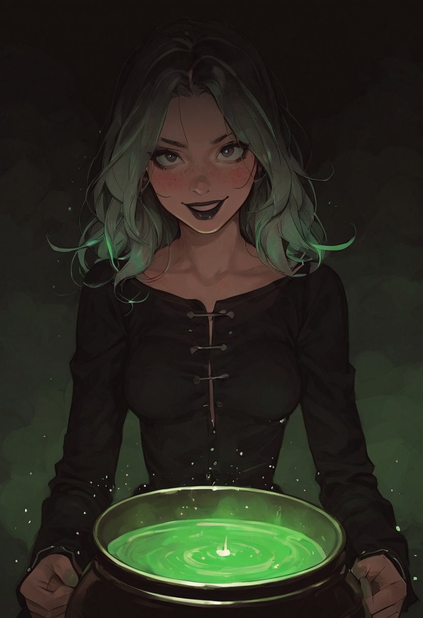 score_9, score_8_up, score_7_up, score_6_up, Expressiveh, g0thicPXL, 1girl, 23 years old, perfect face, cute, BREAK
Dark background with forest, witches cauldron, green fog, moonlight shining through trees, light green details in background, light green wall, black desk, detailed background, lace border, (cool lighting:1.3), BREAK
Medium breast, shiny skin, black eyes, black hair with light green highlights, long hair, bun hair, bangs, black lipstick, dark makeup, light green eyeshadow, motion lines, blush, petite frame, BREAK 
Looking at viewer, large eyes, American, skinny face, beautiful, ultra detailed, masterpiece, detailed collarbones, detailed skin, freckles, chin tilted upward, ghost green robes draped across her body, skin tight, figure visible through robes, floating above the cauldron, focus light green highlights, shouting, smiling, evil smile, arms stretched out, arms wide, crazy eyes, glowing cauldron, glowing, evil expression