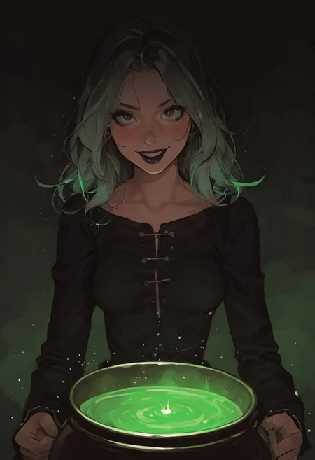 score_9, score_8_up, score_7_up, score_6_up, Expressiveh, g0thicPXL, 1girl, 23 years old, perfect face, cute, BREAK
Dark background with forest, witches cauldron, green fog, moonlight shining through trees, light green details in background, light green wall, black desk, detailed background, lace border, (cool lighting:1.3), BREAK
Medium breast, shiny skin, black eyes, black hair with light green highlights, long hair, bun hair, bangs, black lipstick, dark makeup, light green eyeshadow, motion lines, blush, petite frame, BREAK 
Looking at viewer, large eyes, American, skinny face, beautiful, ultra detailed, masterpiece, detailed collarbones, detailed skin, freckles, chin tilted upward, ghost green robes draped across her body, skin tight, figure visible through robes, floating above the cauldron, focus light green highlights, shouting, smiling, evil smile, arms stretched out, arms wide, crazy eyes, glowing cauldron, glowing, evil expression