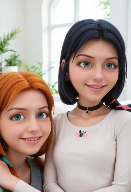 score_9, score_8_up, score_7_up, score_6_up,
2girls, sitting together, on a couch, (leaning against each other, head on shoulder, cheek to cheek:1.4),
1girl, Sabrina Raincomprix, long hair, orange hair, green eyes, fair skin, earrings, white blouse, choker,
1girl, Marinette Dupain-Cheng, long hair, bright bluebell eyes, black hair, twin tails, earrings, red blouse, choker,
perfect eyes, real skin, amateur, photo, solo, perfect face, perfect eyes, sexy, beautiful eyes, petite body,
masterpiece, best quality, amazing quality,
heavy blush, thick dark eyelashes, tiny body,
(skinny girl), on a couch, family home, living room, wall pictures, plants,
blurry background, lot of people in background, shy expression, depth of field, volumetric lighting, biting lips, vibrant colors, intricate details,
smiling, teeth, arms crossed, close up on face, real skin,