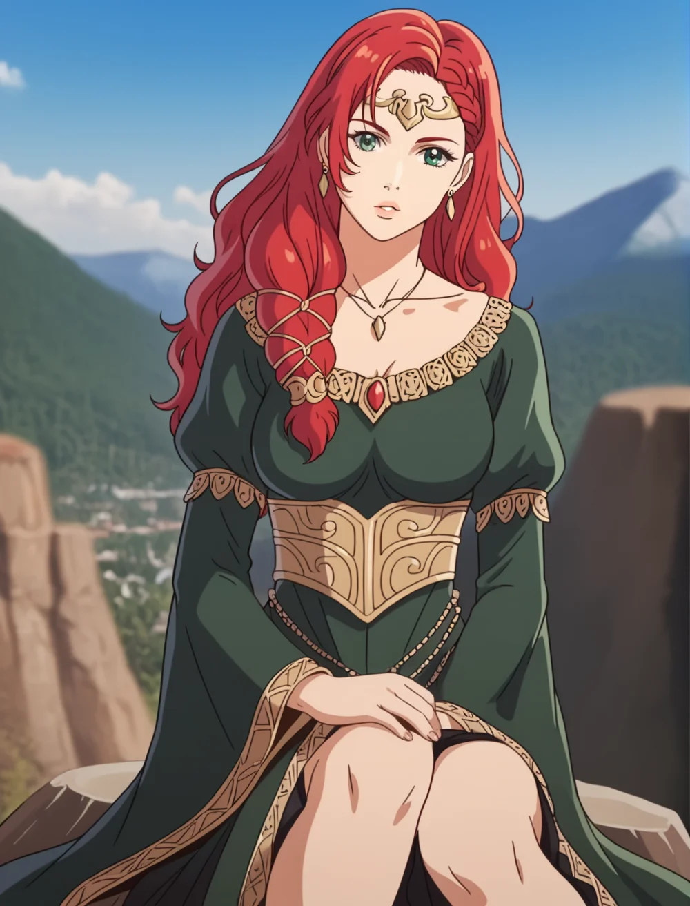 best quality, highres, HeraLOTR, solo, red hair, long hair, braid, green eyes, green dress, golden waist piece, golden waist clothing, long sleeves, circlet, necklace, earrings, dynamic angle, outdoors, realistic background, blurry background, bokeh, posing, sitting on rock, sitting, posing, sky, in mountains, flowing hair, heroic, epic composition, godrays, parted lips, looking at viewer, head tilt, hips tilt, hand on rock, on rock, knees, <lora:HeraLOTR:0.9>