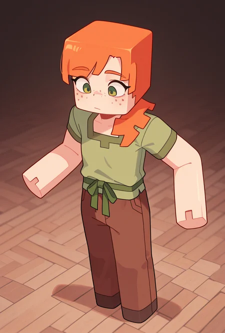 <lora:alexmc-05:1> alexmc, orange hair, 1girl, solo, green eyes, long green shirt, brown pants, short sleeves, freckles, square arms, square body, green waist ribbon, cynamic pose,, masterpiece, best quality, amazing quality, very aesthetic, absurdres, newest,