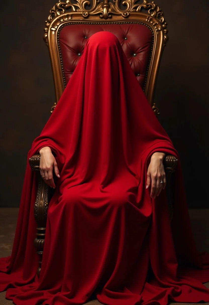 A woman full covered under red faceless sheet sat down on a throne
