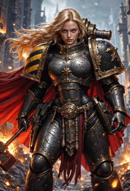 close up of blonde female knight, wearing IronW40k power armor, and holding a flaming hammer