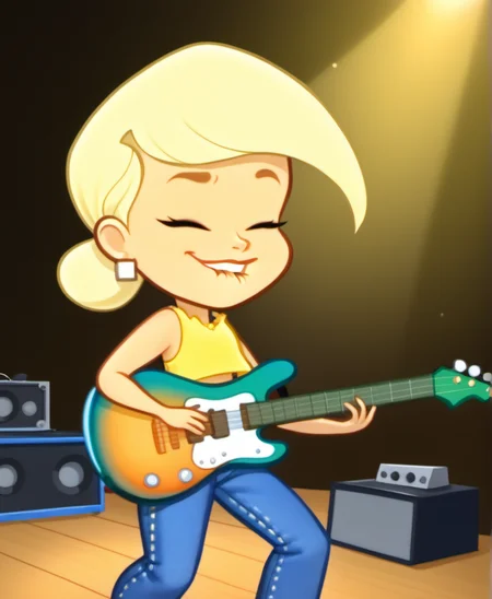 score_9, solo, 1girl, spgirl1, solo focus, little girl, blonde hair, ponytail, on stage, biting lip, shirt, sleeveless, yellow tank top, pants, jeans, playing guitar, holding instrument, eyes closed, white earrings, jewelry, midriff, rock concert background, shortstack, <lora:spgirl1-000004:1>,