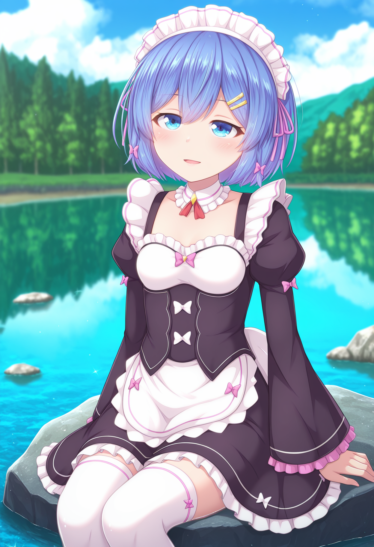 masterpiece, best quality, anime screenshot, anime, 1girl, solo, <lora:Luluk [Illustrious] - HtBaMK pruned:1>, lucha, blue eyes, blue hair, short hair, BBDef, maid headdress, black dress, white apron, long sleeves, puffy sleeves, juliet sleeves, frilled sleeves, wide sleeves, white thighhighs, blue sky, cloudy sky, nature, forest, blurry background, sitting, lake, water, rock, blush, cowboy shot, open mouth, light smile