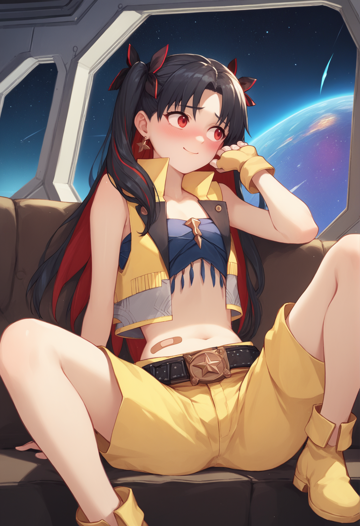 1girl, long hair, multicolored hair, twintails, two-tone hair, black hair, red hair, hair bow, two side up, red eyes, earrings, bandaid, yellow vest, yellow shorts, fingerless gloves, belt, jewelry, bandages, sitting, indoors, couch, spacecraft interior, window, space, blushing, looking to the side, spread legs, hand on hair, blushing, nervous smile <lora:Ishtarin:1>, score_9, score_8_up, score_7_up, score_6_up, score_5_up, score_4_up, BREAK source_anime, masterpiece