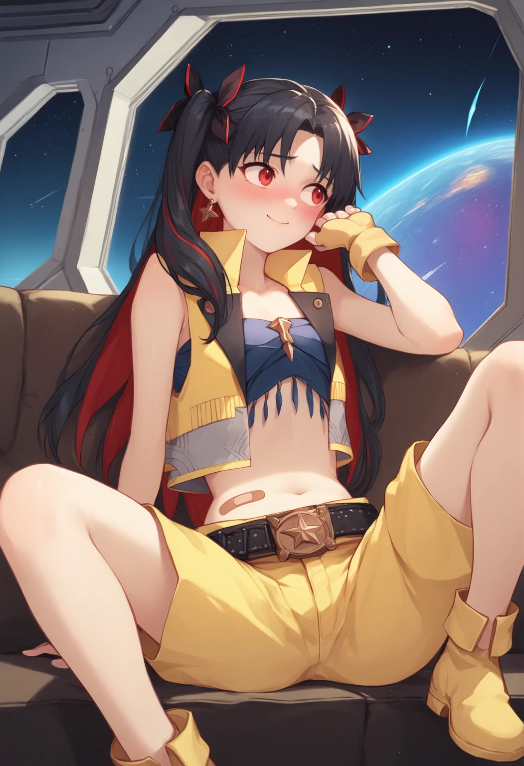 1girl, long hair, multicolored hair, twintails, two-tone hair, black hair, red hair, hair bow, two side up, red eyes, earrings, bandaid, yellow vest, yellow shorts, fingerless gloves, belt, jewelry, bandages, sitting, indoors, couch, spacecraft interior, window, space, blushing, looking to the side, spread legs, hand on hair, blushing, nervous smile <lora:Ishtarin:1>, score_9, score_8_up, score_7_up, score_6_up, score_5_up, score_4_up, BREAK source_anime, masterpiece