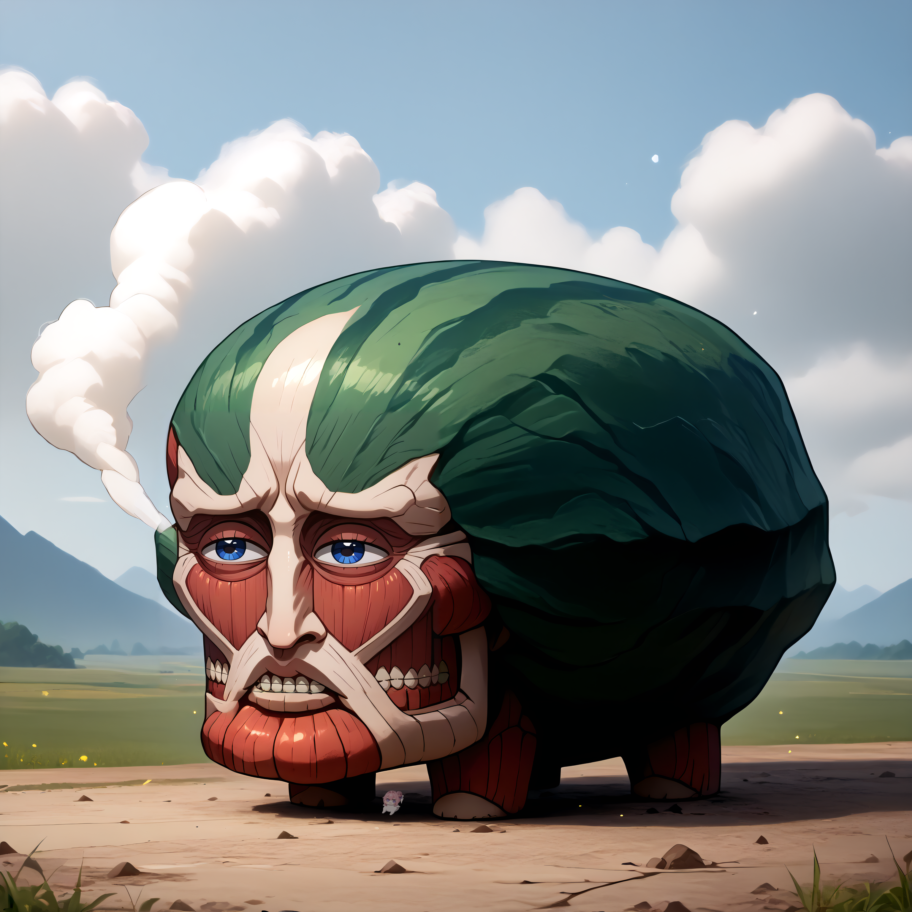 <lora:colossaltitan_aot_xypher_pdxl_v1:0.9> score_9, score_8_up , score_7_up BREAK source_anime,  colossal titan, bald, red skin, ribs, teeth, <lora:ChamWatamelonPonyXL:1> Watamelon, half-closed eyes, no humans, creature, chibi, watermelon, all fours, giant, landscape, steam, embers, cloud, sky,  <lora:handsomize_x_pdxl_v1:1> handsomize, sparkle