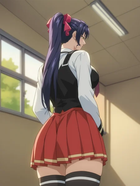 score_9, score_8_up, score_7_up, score_6_up, uncensored, depth of field, sidelighting, shiny, shadow, bloom, BREAK
Kozono Nami, 1girl, solo, standing, leaning on windowsill, leaning forward,  ass focus, from behind, from below, cowboy shot, 
looking at sunset, facing away,
yellow eyes, long hair, purple hair, high ponytail, hair ribbon,
school uniform, long sleeves, (vest:1.1), suspenders, red necktie, black thighhighs, pleated skirt,
curvy, large breasts, 
indoors, school, classroom, window, sunset, 
 <lora:Kozono Nami3216PDXL:1>