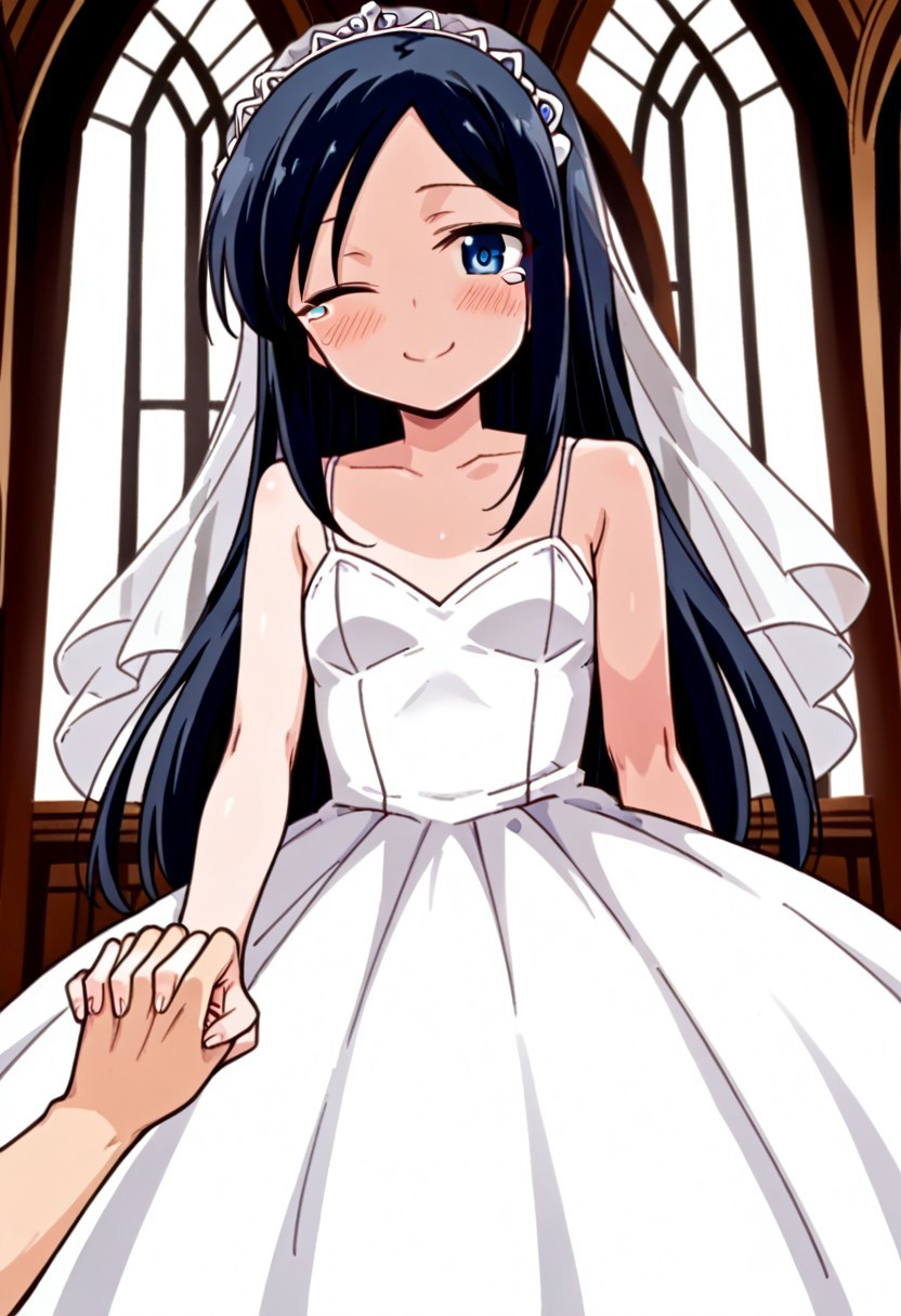 score_9, score_8_up, score_7_up, score_6_up, score_5_up, score_4_up,, 1girl, solo, original anime, Hadano Miki, long and black hair, wide chest, mouse tail (blue eyes: 1.2)
,<lora:wedding-ring-ponyxl-lora-nochekaiser:1>, wedding ring, marriage proposal, pov, pov hands, hand grab,, blush, wedding dress, white dress, veil, one eye closed, tears, church, smile, bare shoulders, collarbone, flat chest,,, dutch angle, looking at viewer, cowboy shot,