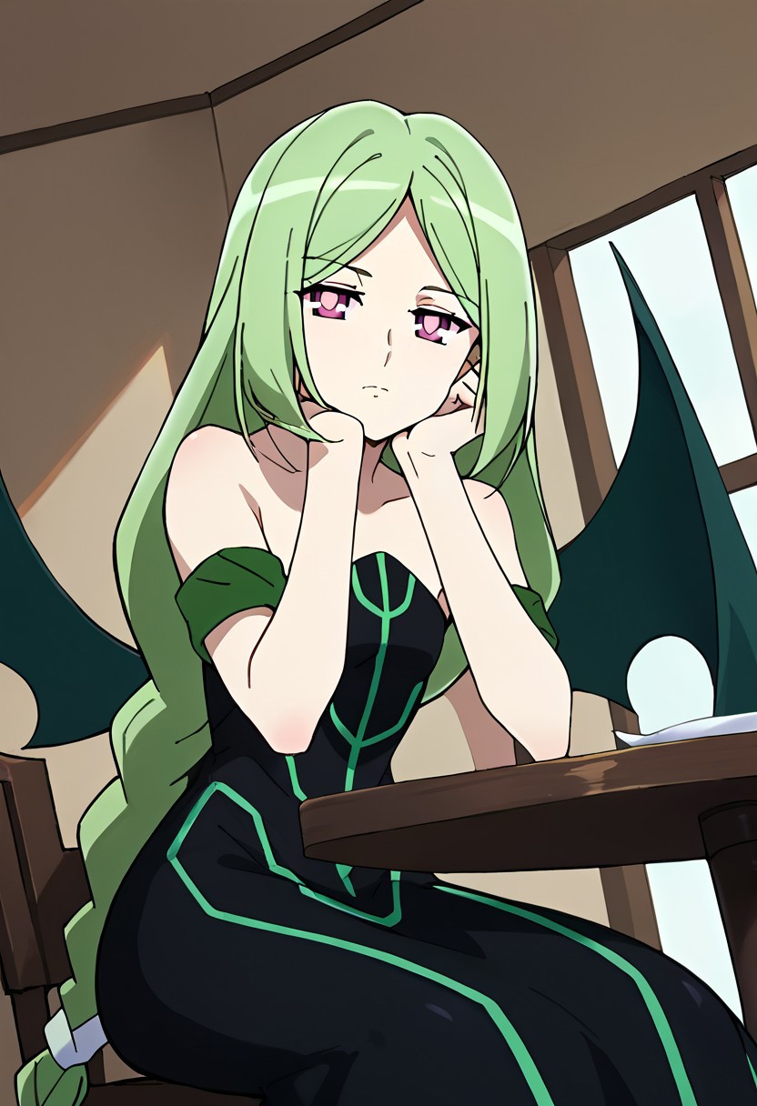 score_9, score_8_up, score_7_up, source_anime, 1girl, solo, momose kajitsu,Green hair, long hair, parted bangs, twin braids, pink eyes, small breasts, bare shoulders,Green striped black dress, long skirt,strapless, strapless dress,green armband, wings,indoors, expressionless, looking at viewer, solo, sitting, (head rest, table), cowboy shot, dutch angle,Japanese style room,window, solo,cowboy shot, dutch angle,