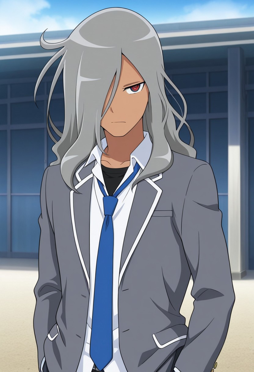 masterpiece,best quality,amazing quality, source_anime,
HaizakiRyouhei, 1boy, male focus, solo, dark skin, dark-skinned male, red eyes, grey hair, long hair, hair over one eye, school uniform, black undershirt, white shirt, collared shirt, necktie, blue necktie, jacket, grey jacket, open jacket, 
outdoor,