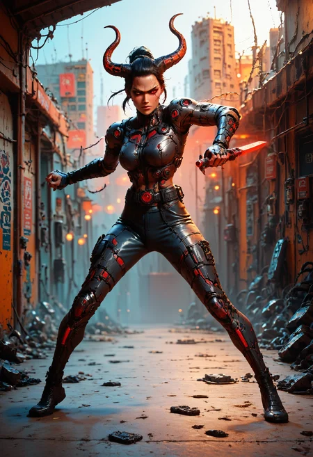 score_9, score_8_up, score_7_up, 
ninja, black shinobi shozoku, weapon, horns, red eyes, black hair, action pose, shadows, decrepit cyberpunk city,
evi@decrepPunk