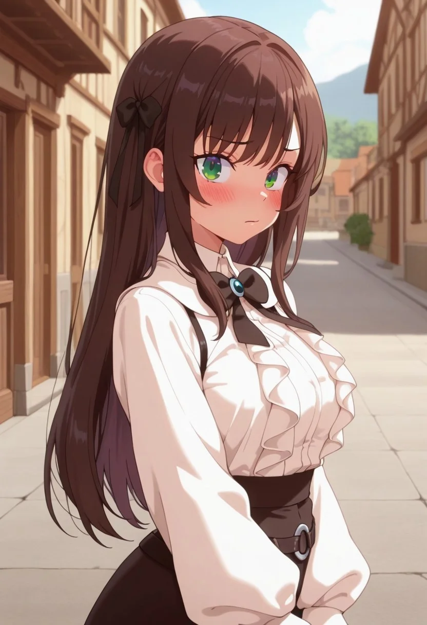 masterpiece,best quality,amazing quality, clover alina, dark brown hair, green eyes, long hair, 1girl, solo, shirt, looking at viewer, white shirt, outdoors, long sleeves, closed mouth, blush, bow, frills