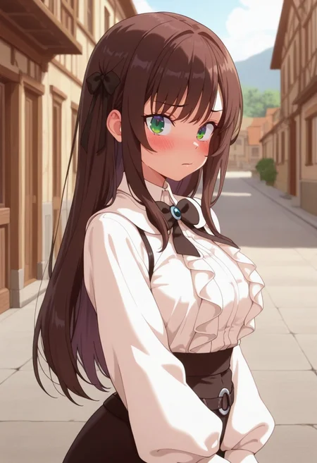 masterpiece,best quality,amazing quality, clover alina, dark brown hair, green eyes, long hair, 1girl, solo, shirt, looking at viewer, white shirt, outdoors, long sleeves, closed mouth, blush, bow, frills