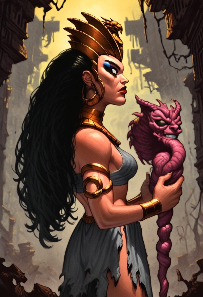 DonMC0m1cM4g1cXL, (dark, fantasy, magical, eerie) score_9, score_8_up, score_7_up, score_6_up, portrait, Malyssa_Primal, long hair, black hair, makeup, eyeliner, lipstick, black eyes, loin clothes, golden bracelets, golden collar, gleninsheen gorget, golden crown, BREAK, backgroung, plain, ruins