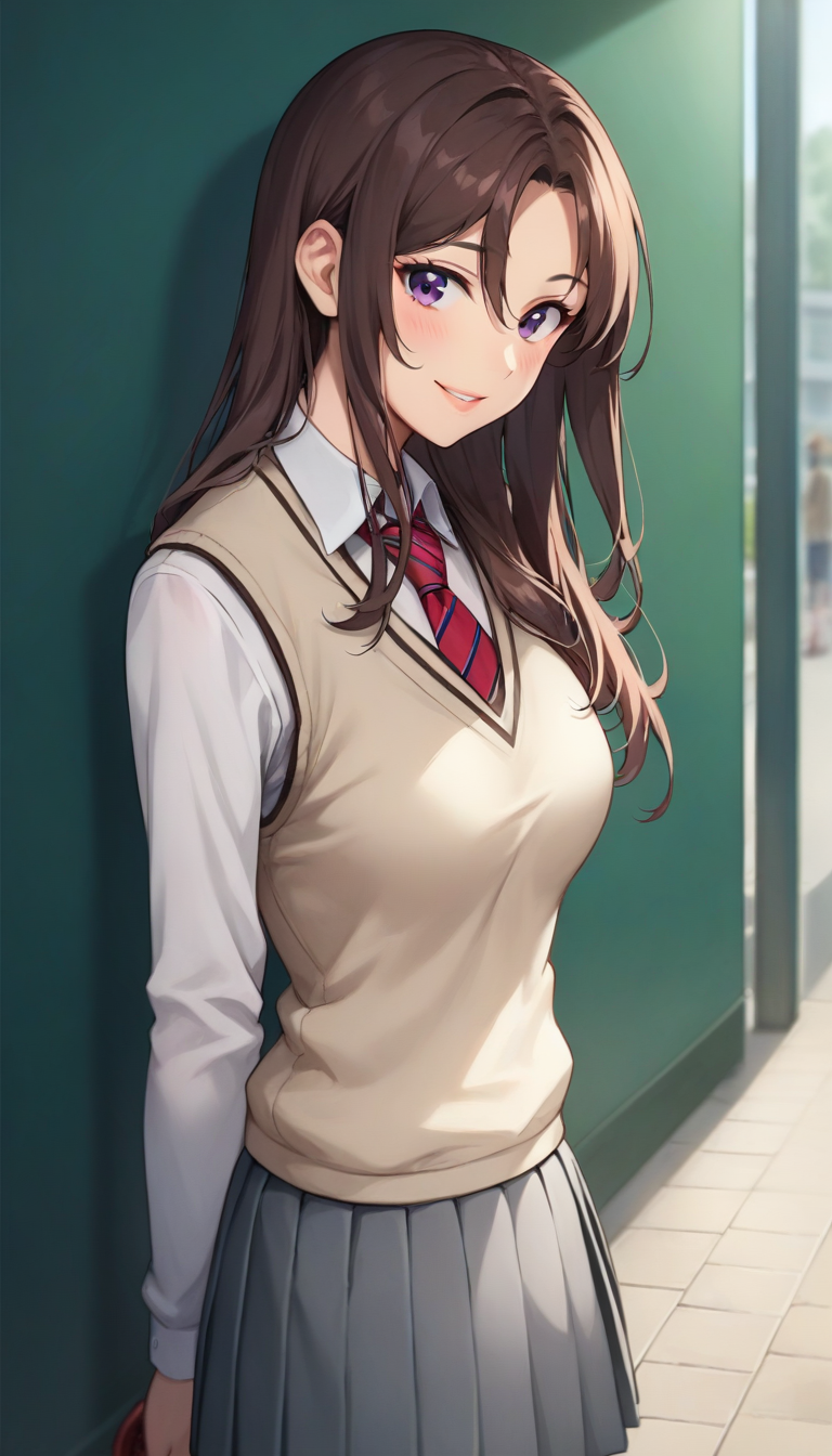 score_9,score_8_up,score_7_up,score_6_up BREAK official art,solo,outdoors,upper body,(portrait:1.5),looking at viewer,facing viewer,smile,blush,Charein Anh,brown hair,long hair,hair between eyes,parted bangs,purple eyes,lips,school uniform,sweater vest,beige vest,red necktie,striped necktie,collared shirt,white shirt,long sleeves,medium breasts,miniskirt,grey skirt,pleated skirt,white socks,loafers,white footwear,<lora:Charein Anh(tb)-Pony>,