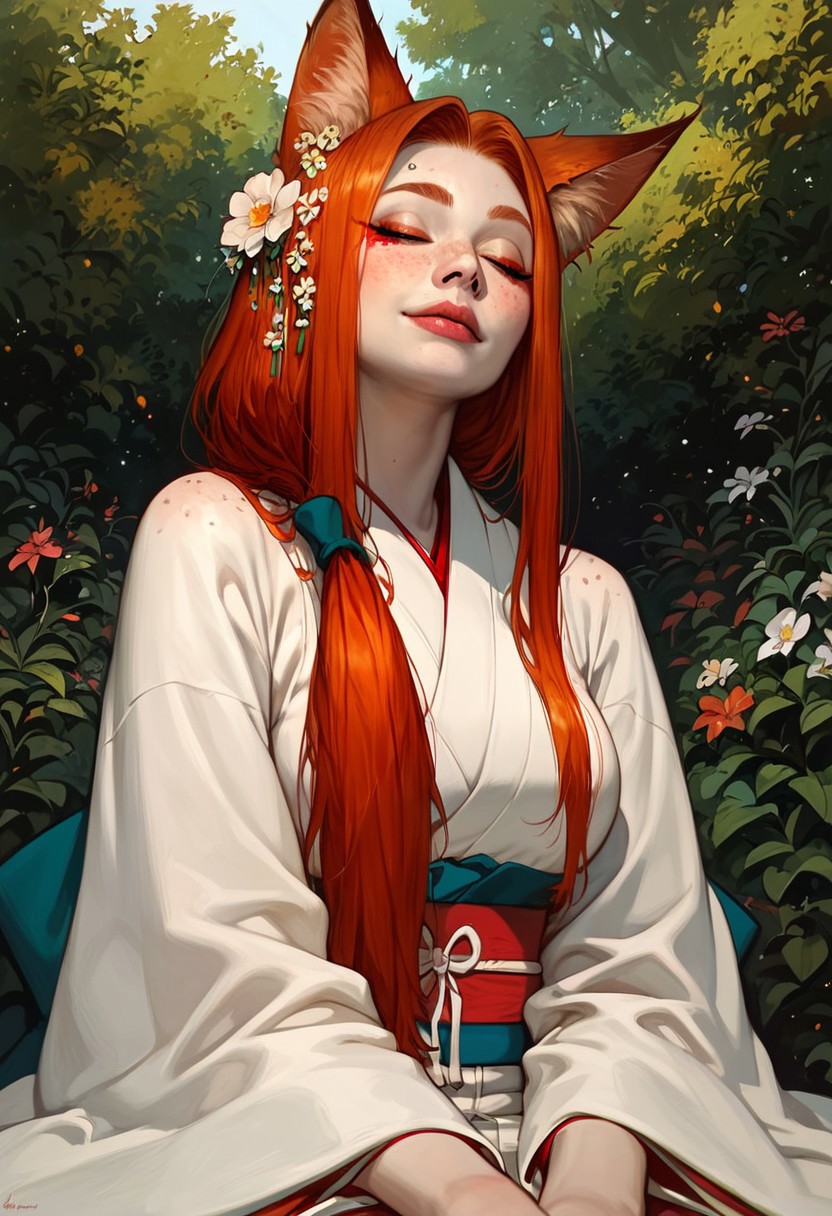 score_9_up, score_9, score_8_up, score_8, score_7_up, score_7, cinematic lighting, raw, high quality, 4k resolution, absurdres, masterpiece, dynamic lighting, high contrast, morimee_style, detailed face, 
1girl, solo, (kitsune), (fox ears), (mature), ((((pale skin)))), (closed eyes), ((red makeup)), ((redhead hair)), freckles on face, freckles on shoulders, ((long hairs, low ponytail)), [[average breasts]], excited, (arched eyebrow), (white japanese kimono), kneeling, (long nails), head tilt, ribbon in hairs, flower in hairs,
 below view, (Sakura, garden, night)