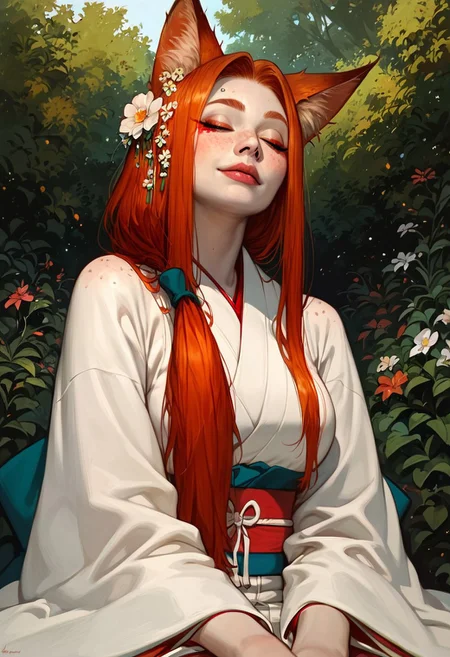 score_9_up, score_9, score_8_up, score_8, score_7_up, score_7, cinematic lighting, raw, high quality, 4k resolution, absurdres, masterpiece, dynamic lighting, high contrast, morimee_style, detailed face, 
1girl, solo, (kitsune), (fox ears), (mature), ((((pale skin)))), (closed eyes), ((red makeup)), ((redhead hair)), freckles on face, freckles on shoulders, ((long hairs, low ponytail)), [[average breasts]], excited, (arched eyebrow), (white japanese kimono), kneeling, (long nails), head tilt, ribbon in hairs, flower in hairs,
 below view, (Sakura, garden, night)