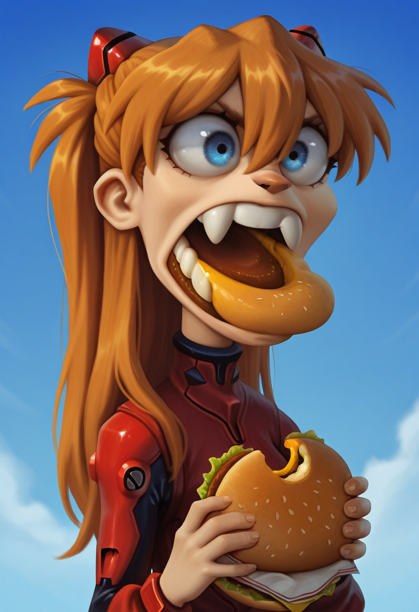 N4KV1,  stylized, semi_realistic, masterpiece, best quality, solo,                             asuka langley, ginger hair, red uniform,  suprised,  blue sky, holding burger, mouth wide open, buck teeth, weird, wide eyes,