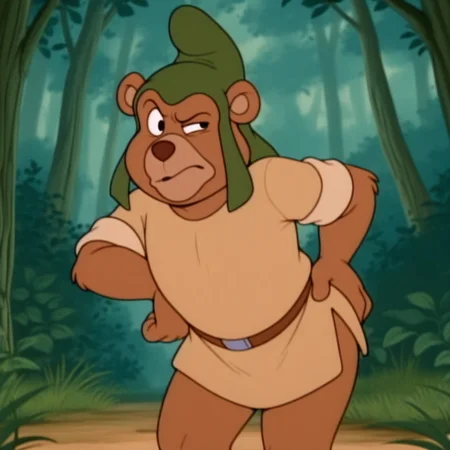 masterpiece, best quality, amazing quality, gruffi, male, furry male, anthro, solo, bear, brown fur, black eyes, tan muzzle, brown nose, paw pads, short, green hat, brown shirt, brown belt, standing, hand on hip, leaning, raised eyebrow, 
outdoors, forest,