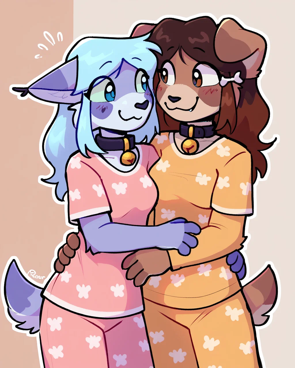 score_9_up, score_8_up, score_7_up, score_6_up, by remanedur, floppy ears, brown fur,  female, furry, brown eyes, collar, brown hair, hair accessory, tail, medium breasts, t-shirt, pajamas, hug, embrace, happy, smile, female/female, romantic, looking at another,  romantic couple, dominant female, sidelocks, female, furry, blue eyes, bell collar, blue hair, t-shirt, pajamas,  tail, medium breasts, <lora:Leah_Pines(AIM)_XL_v1:0.15> <lora:PDXL_artist_tags_v2_big:0.5> <lora:The-Minuscule-Task_PDXL_v1.0:0.6>  <lora:Lenix_lenix_tt:0.7>  <lora:Ria_C0denameDelta:0.7>