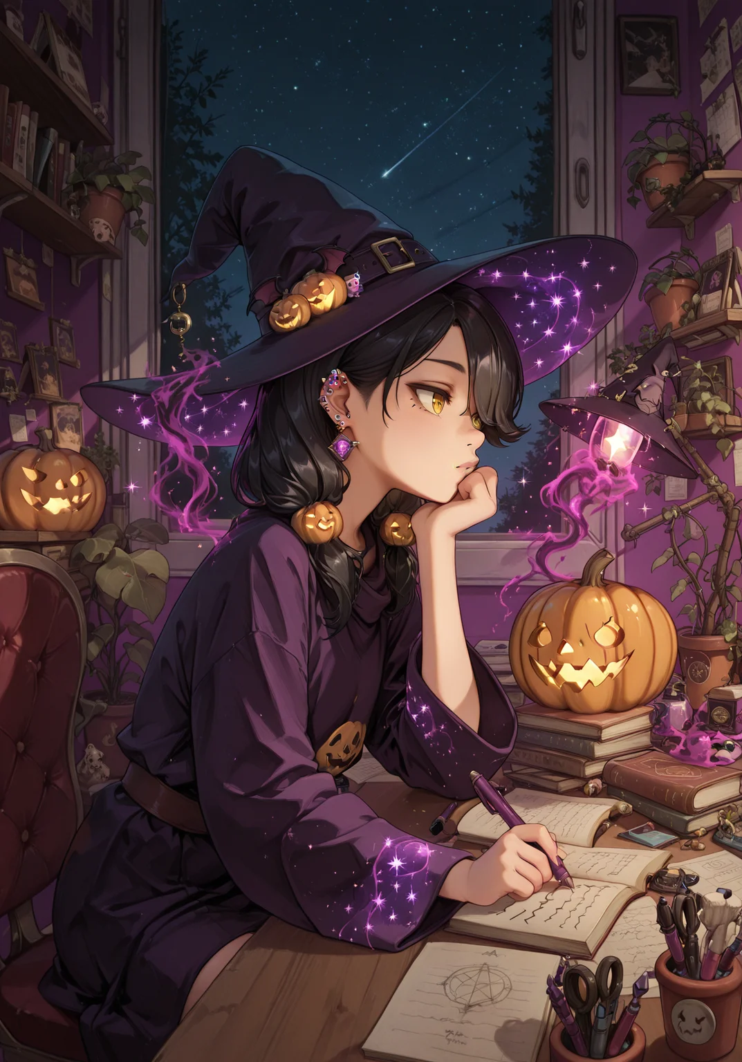 masterpiece, best quality, amazing quality, absurd res,
<lora:add_detail:1>
<lora:Sam_Spartan_My_OC_for_Illustrious:0.7> 1girl, s4m_sp4rt4n, solo, hair over one eye, black hair, hair ornament, yellow eyes, long hair, twintails, hair ornament, earrings, piercing,
<lora:LofiGirl_Style_IXL:0.9> zzLofi, sitting, side view, desk, chair, book, bookshelf, head rest, holding, holding pen, lamp, night, open book, pen, plant, potted plant, sky, star (sky), starry sky, window, windowsill, writing,
witch hat, robes, potions, pumpkin, purple magic, sparkles,
<lora:FantasyWizardWitchesIL:0.7> hkmagic