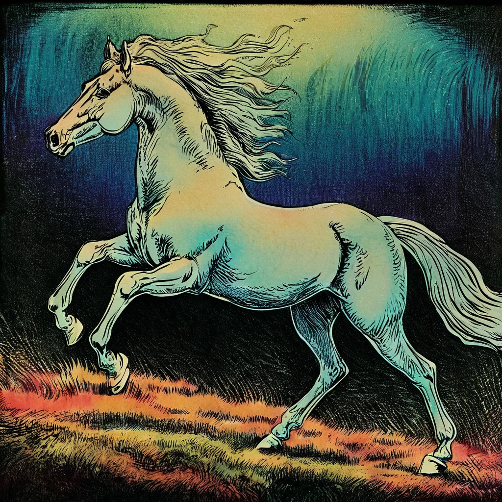 professional 3d model breathtaking anime artwork Epic wide angle shot of a horse made out of (opalescent irradiance:1.25) and colorful energy, space nebula and iridescent colors, excessive energy jolttech in the shape of a horse, running in a grassfield at night in style of <lora:skrmk05:3>, pen, ink, pencil, sketch . anime style, key visual, vibrant, studio anime, highly detailed . award-winning, professional, highly detailed . octane render, highly detailed, volumetric, dramatic lighting, cinematic film still . shallow depth of field, vignette, highly detailed, high budget, bokeh, cinemascope, moody, epic, gorgeous, film grain, grainy, breathtaking . award-winning, professional, highly detailed, horror-themed . eerie, unsettling, dark, spooky, suspenseful, grim, highly detailed, long exposure photo of . Blurred motion, streaks of light, surreal, dreamy, ghosting effect, highly detailed