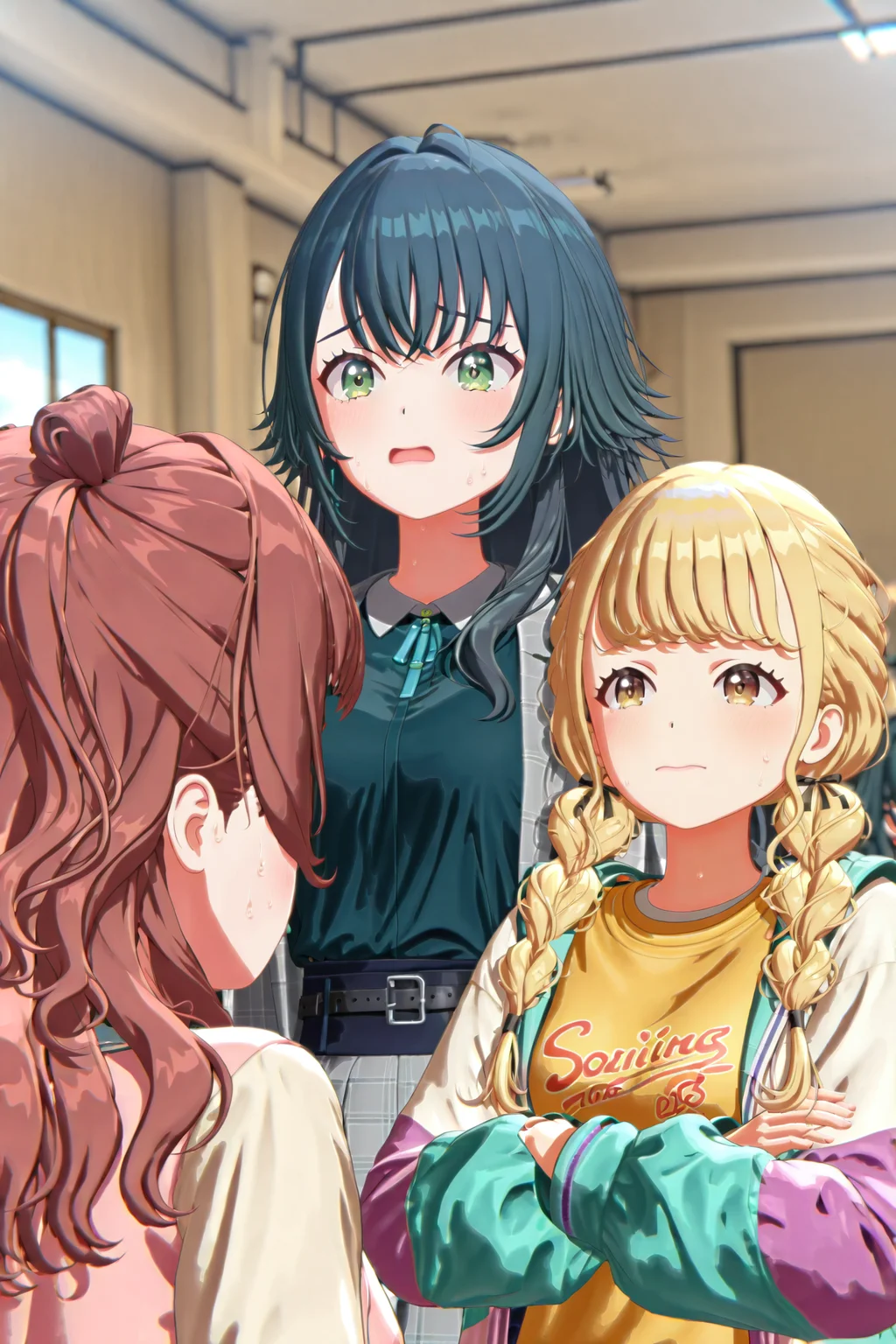 shiny skin, posing,
<lora:gaku3d.il:1.0>,
gaku3d,
3girls,
saki, temari, kotone,
nervous, sweat,
