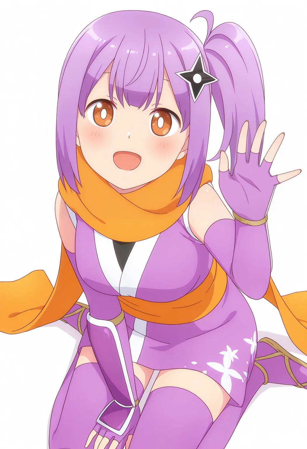 <lora:Kusagakure_Satoko_Illustrious-000055:1>,
Kusagakure Satoko,purple gloves,orange scarf,fingerless gloves,japanese clothes,
solo,smile,looking at viewer,open mouth,:d,long hair,blush,simple_background,white_background,full body,purple thighhighs,wariza,waving