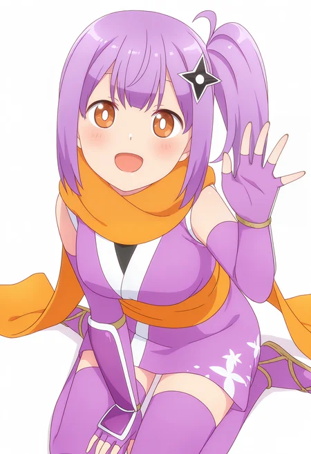 <lora:Kusagakure_Satoko_Illustrious-000055:1>,
Kusagakure Satoko,purple gloves,orange scarf,fingerless gloves,japanese clothes,
solo,smile,looking at viewer,open mouth,:d,long hair,blush,simple_background,white_background,full body,purple thighhighs,wariza,waving