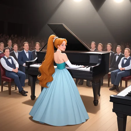 score_9, score_8_up, score_7_up, BREAK, thumbelina, long hair, ponytail, ballgown, white elbow gloves, playing piano, on stage, audience background, spotlight, cinematic lighting